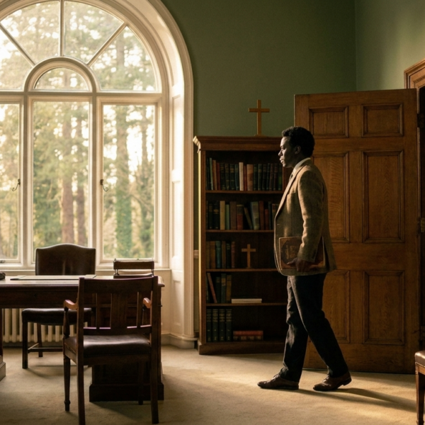Christian educator in natural health college office with books and cross