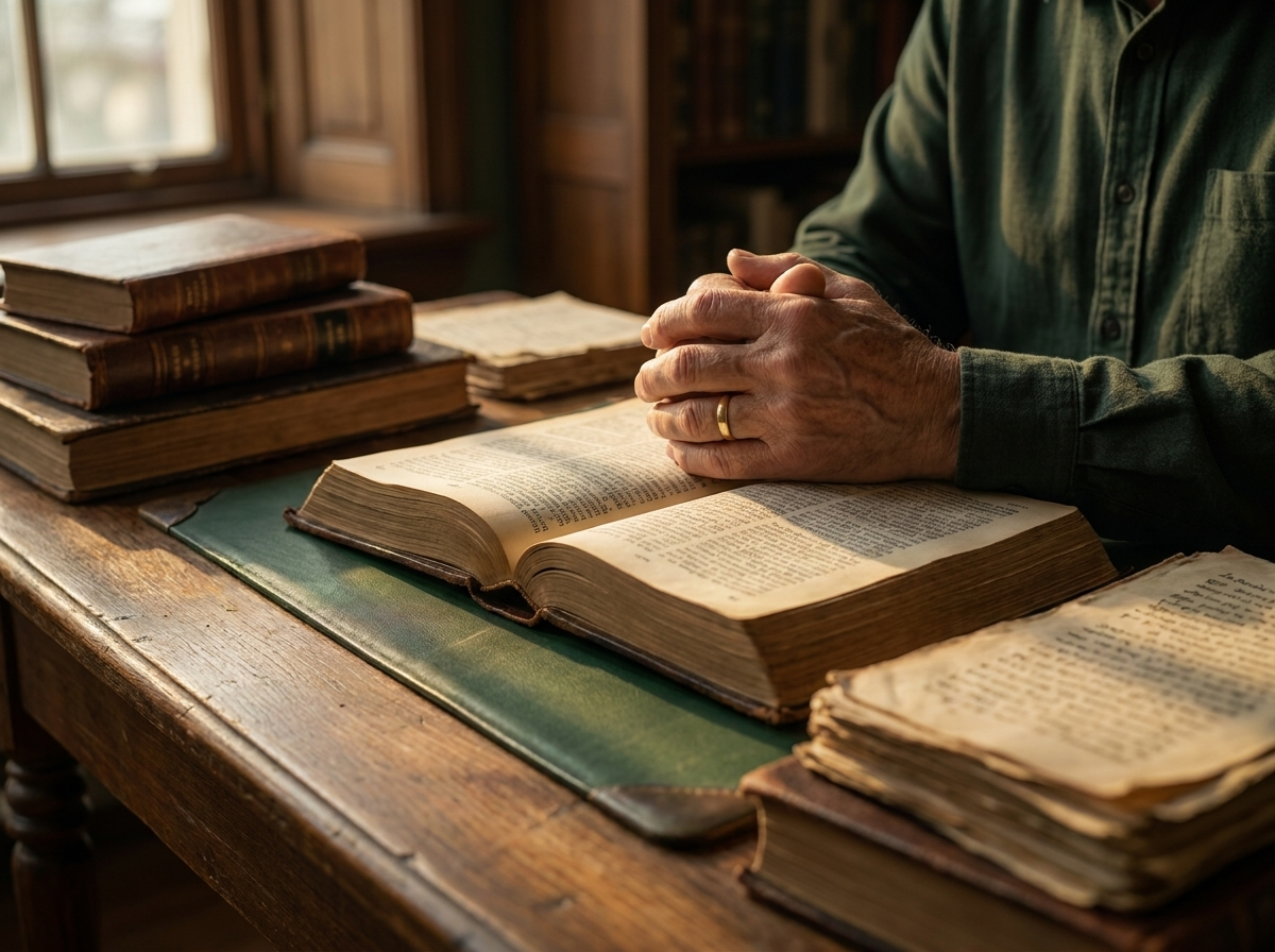 Hands praying over Bible in natural health study setting
