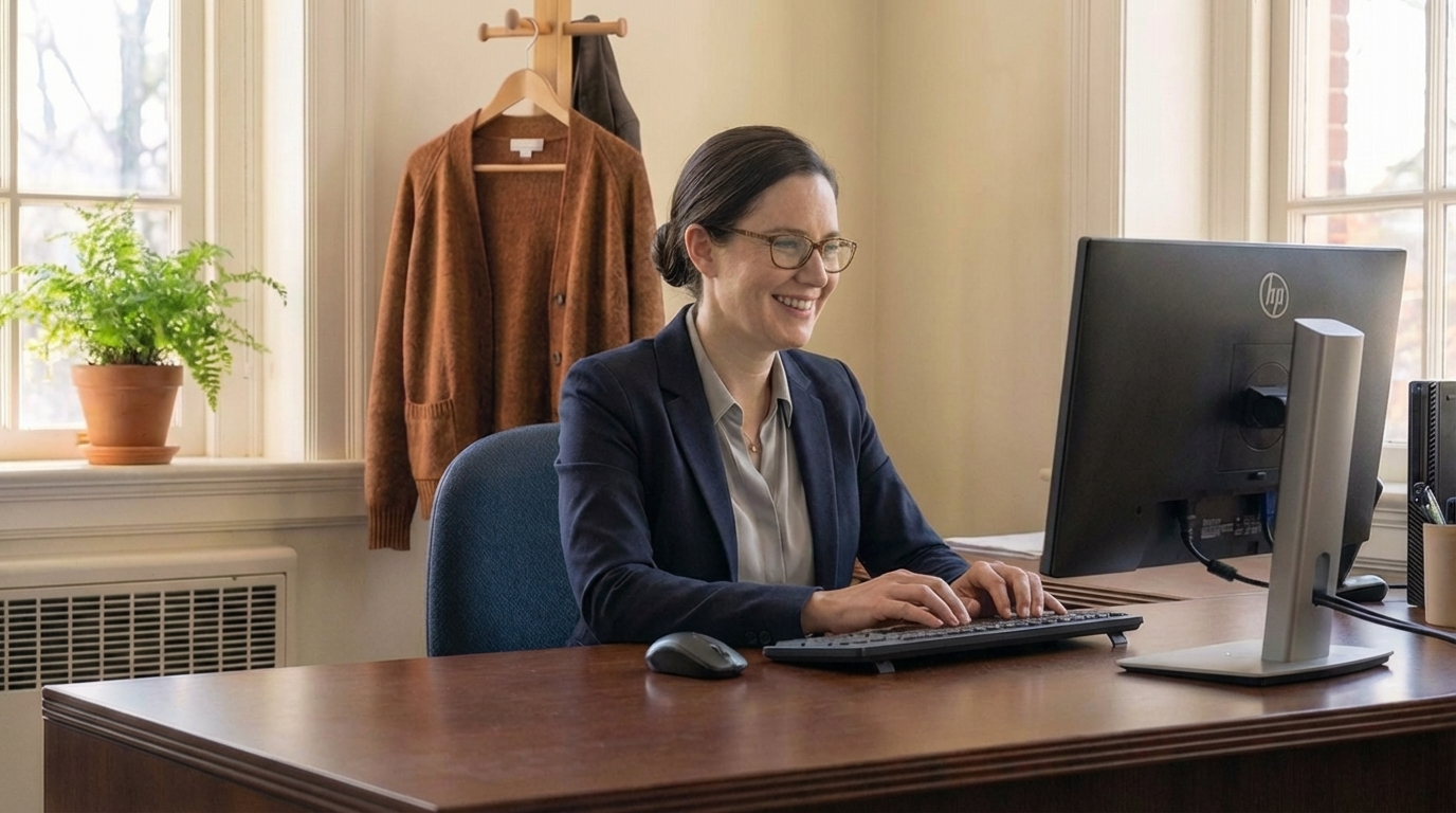 Support team member assisting student at computer