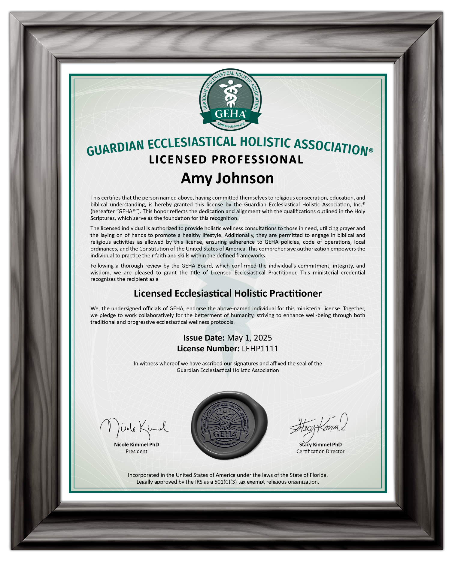 Framed Guardian Ecclesiastical Holistic Association licensed professional certificate representing structured wellness licensure and recognized practice standards