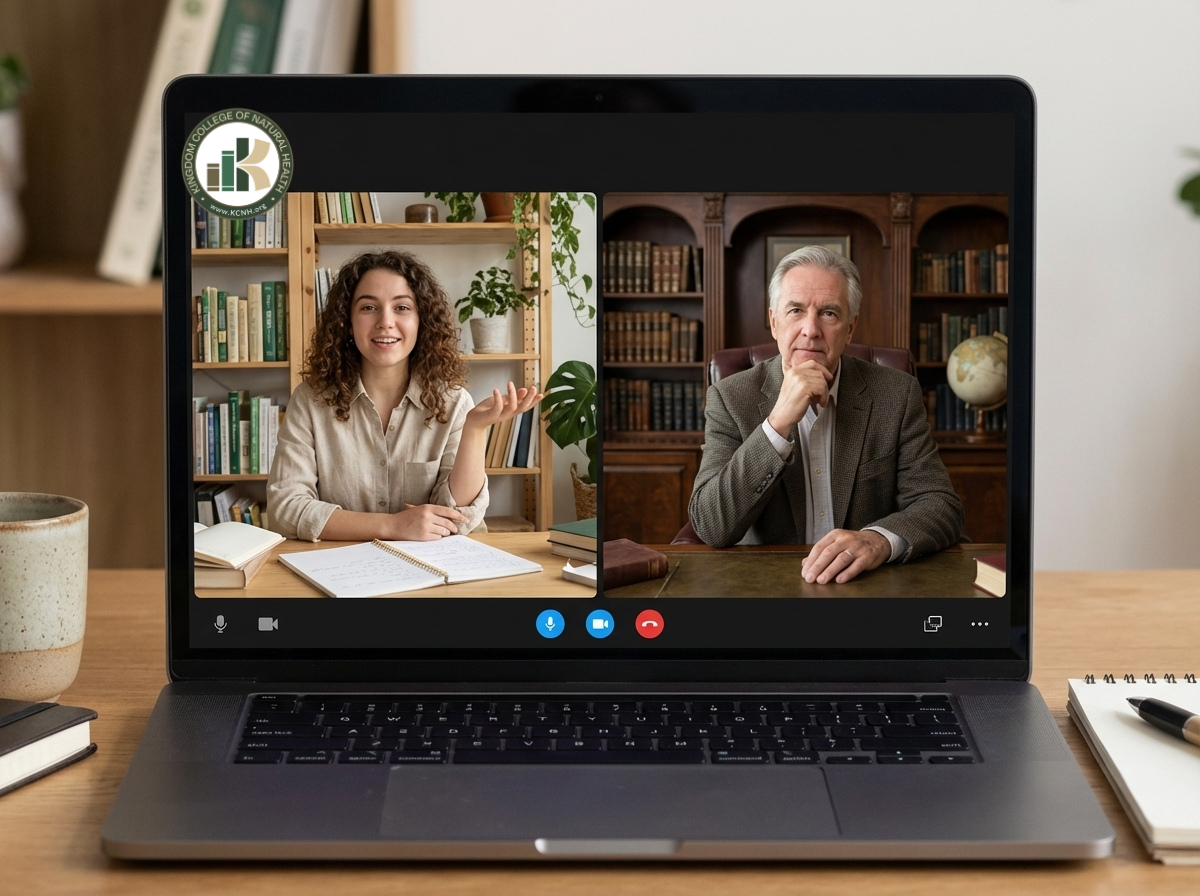 KCNH student participating in an online academic mentorship session for bachelor’s to doctoral degree programs in natural health education.