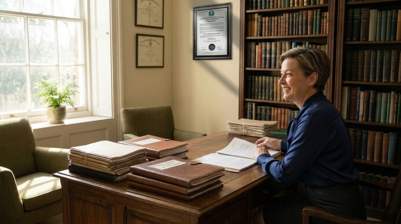 Natural health practitioner reviewing structured documents in academic office reflecting GEHA licensure readiness and professional accountability