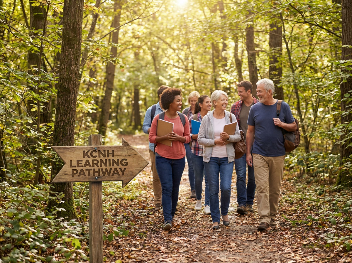 students walking natural health learning pathway in forest