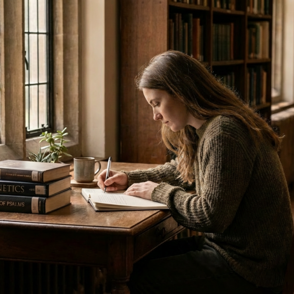 Student studying natural health and scripture in Christian college library